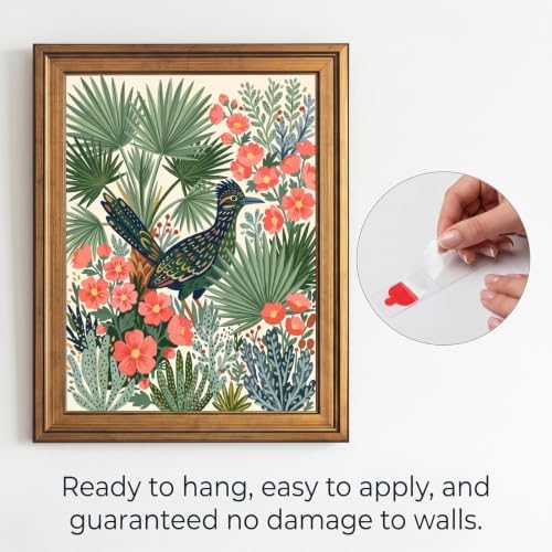 Framed Canvas Wall Art Bohemian Gouache Roadrunner in Desert Scrub Pink Globemallow Sage Palms Canvas Print Poster Gold Frame Wall Decor for Living Room Southwest Decor, Bird Art - Inch 16x20 - Image 2