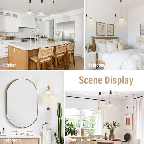 Plug in Pendant Light Vintage 2 Pack, Adjustable Pulley Hanging Lamp with Clear Lily Glass Shade, Brass Hanging Lights with Plug in Cord, Gold Hanging Pendant Light for Bedroom Living Room Kitchen - Image 2