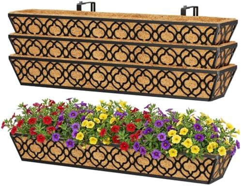 Y&M 36 Inch Window Deck Planter with Coco Liner, Metal Hanging Flower Boxes for Fence, Railing, Balcony, and Outdoor Garden Lawn – 4pcs by YM