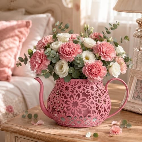 Pink Metal Teacup Planter with Drainage Hole 12 Inch Vintage Teapot Flower Pot with Floral Cut-Out & Handle for Outdoor Garden Patio Balcony Porch Indoor Home Decor - Image 3
