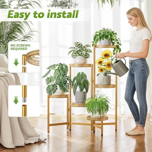 Metal Gold Plant Stand Indoor Outdoor, 6 Tier Tall Flower Pot Holder Potted Display Rack Shelf, Heavy Duty Corner Plant Shelf for Patio Garden Balcony Living Room Bedroom - GoldS - Image 5