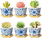 Succulent Pots, 3.7" Small Plant Pots with Drainage Tray, 6 Pack Small Planters for Indoor Plants, Ceramic Flower Pots for Cactus, Mini Succulents, Home Decor, Vintage Blue by celamos