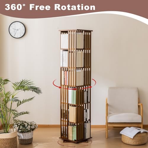 SOBIBO Bamboo Rotating Bookshelf Tower, 360° Spinning Bookcase, 6-Tier Narrow Floor Standing Storage Rack for Corner, Office, Room (Walnut) - Image 5