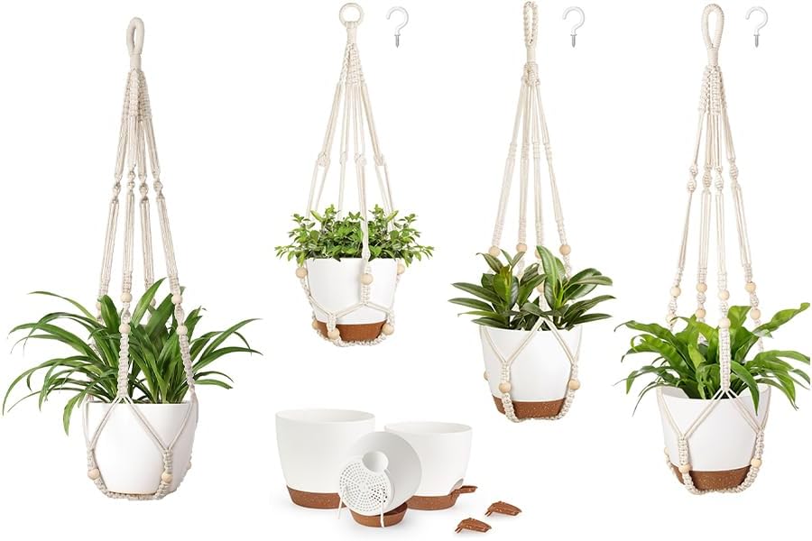 Mkono Macrame Plant Hanger and 3 Pack Macrame Plant Hangers with Self Watering Plant Pots Indoor Hanging Baskets Flower Pot Holders with Hooks No Tassels Different Size for Boho Home Decor by Mkono