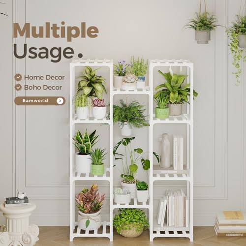 Bamworld White Plant Stand Indoor/Outdoor Ladder Plant Rack, 3 Tiers for 7 Pots, Living Room Boho Decor - Image 3
