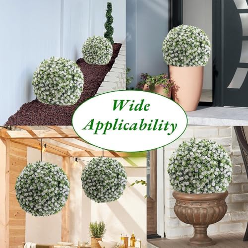 15.7 Inch Artificial Hanging Topiary Balls Set of 2, Faux Flower Balls for Garden Patio Wedding Valentine's Day Decor, Outdoor Indoor Hanging Decorations for Porch Front Door Party, White - Image 3