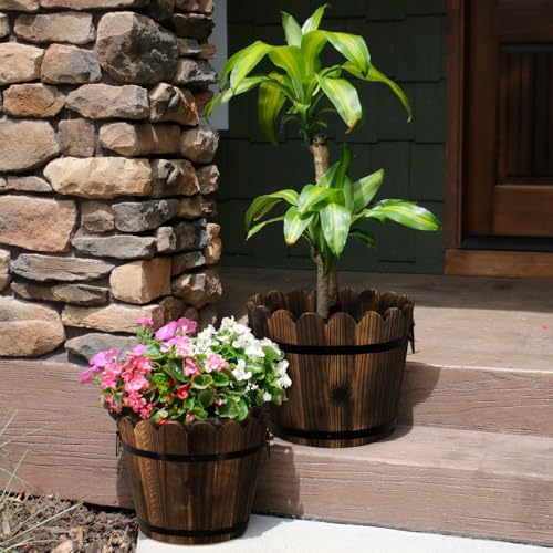 HakkaGirl Wooden Barrel Planters Flower Pots for Indoor Outdoor Plants, 10+11.5 inch Rustic Patio Garden Front Porch Planters Plant Pots Outdoor Decor Set of 2 - Image 6