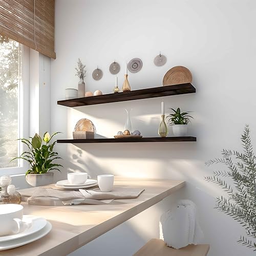 YYWUOJJ Wood Floating Shelves for Wall Decor, Rustic Wall Shelves for Bedroom Bathroom Kitchen Living Room, Set of 4 Walnut 48 Inch - Image 2