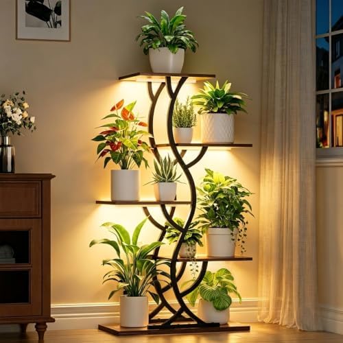 Plant Stand Indoor with Grow Lights - 5 Tiered Corner Plant Shelves (Brown) by EVAWOO