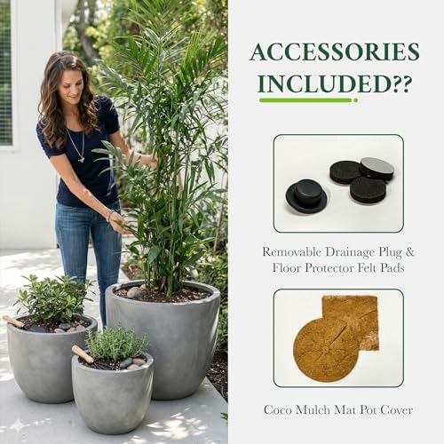 DTY Mount Belford 14.6'' D x 12'' H (Pot Opening 13.2") Fiberstone Egg Shaped Planter with Drainage Hole, Smooth Finishes, Weather Resistant for Indoor and Outdoor, 2 Extra Coco Mats - Medium, Gray - Image 6