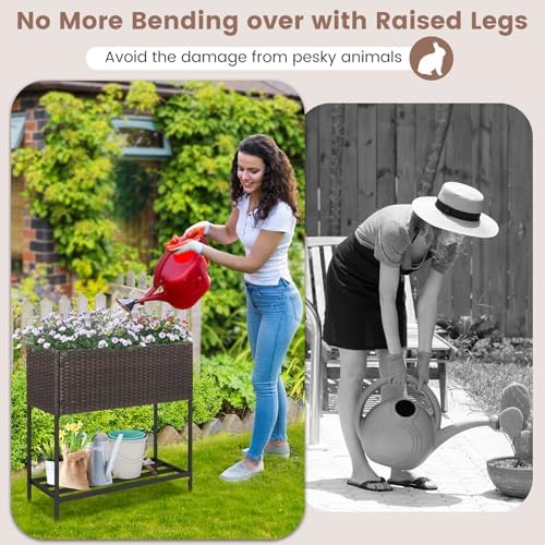 LDAILY Elevated Raised Garden Bed with Legs, Outdoor Planter Box with Storage Shelf & Drainage Gap for Vegetables, Flowers & Fruits, Heavy Duty Rattan Garden Planter for Yard, Patio & Balcony, Brown - Image 4