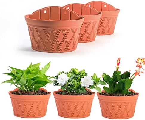 Sungmor Wall Hanging Planters,11.5 Inch Hanging Flower Pots for Railing Fence - Indoor Outdoor Balcony Wall Hanging Basket, Plastic Plant Pot Container - Half Round & 3PC Pack & Brick Red - Image 2