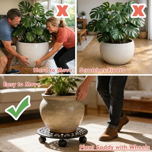 Plant Caddy with Wheels, 3 Pack 12” Rolling Plant Stand Plant Rollers Heavy Duty Plant Dolly with Casters Indoor & Outdoor Wrought Iron Metal Plant Tray with Lockable Wheels for Large Flower Pots - Image 5