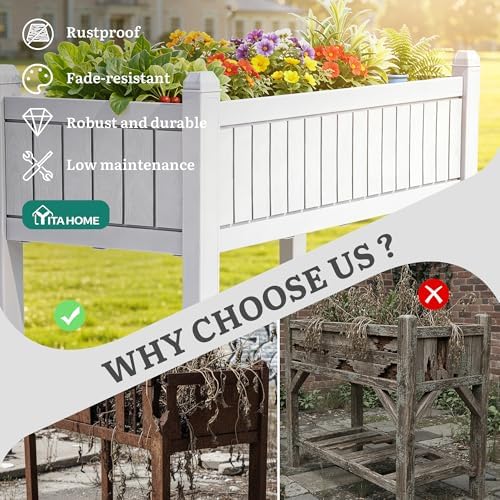 YITAHOME 3.6x1.5x2.8 FT Elevated Garden Bed Kit with Legs and Wheels, Outdoor Large Resin Planter Box Stand with Drain Plug and Storage Shelf for Plants Vegetables Fruits, Grayish-White - Image 3