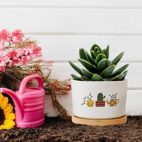 DreamAutumn Plants Ceramic Flower Pots Set of 3,Gardening Plant Pot with Drainage Holes and Saucers Round Ceramic Pots for Indoor Plants Succulent Herbs Cactus Pots - Image 5