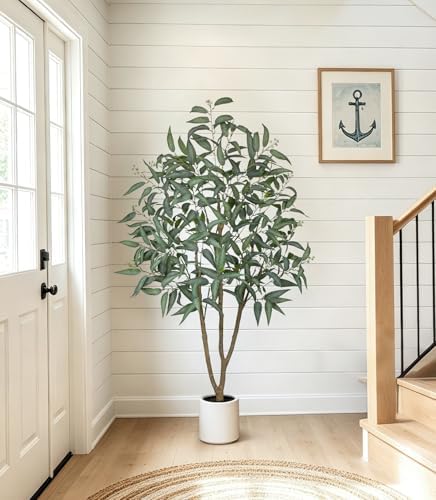 Eucalyptus Trees Artificial Indoor - 2PCS 5FT Tall Faux Eucalyptus Plants in White Planter, Fake Plant Décor for Farmhouse Bedroom Office Room Hallway Decoration - Image 4