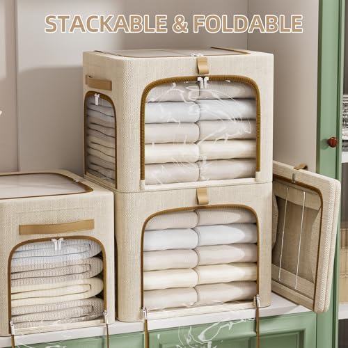 CYhom Storage Bins with Metal Frame, 3-Clear Windows Openings, 43L, Beige - Image 3