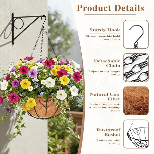 4 Pack Hanging Planter for Outdoor Plants 14 inch Metal Hanging Flower Basket with Coco Coir Liner Round Wire Plant Holder Chain Flower Pots Outdoor Garden Decoration Watering Hanging Baskets（AX） - Image 4