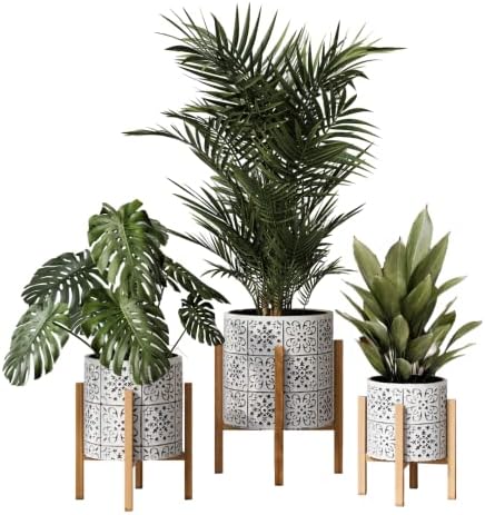 EverNest Tristan Bohemian White and Black Planter with Kinsley Stand, SelectBase Decorative Planter Pots, Contemporary, Eclectic Boho Style Indoor Plant Pots (Set of 3) by EverNest
