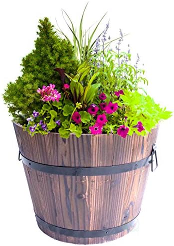 Gardenised Medium Wooden Whiskey Barrel Planter, 15" Dia x 12" High by Gardenised