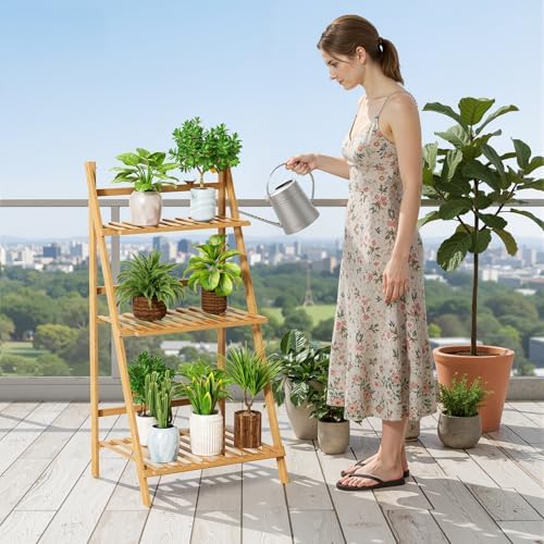 3-Tier Bamboo Ladder Plant Shelf, Foldable Ladder Flower Pot Display Shelf Rack, 15.75" W x 19.69" D x 37.8" H, Suitable for Gardens, Balconies, Courtyards, and Lawns 50cm - Image 5
