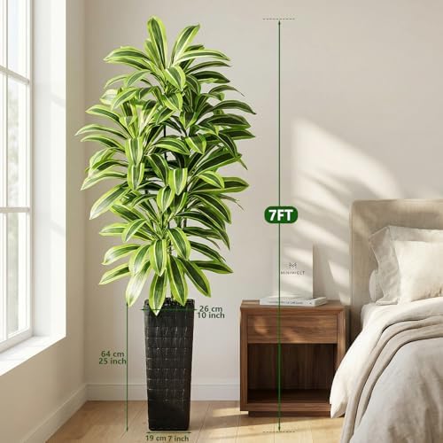 Artificial Yellow Dracaena Tree Indoor, 7FT Tall Fake Floor Plants with Black Planter & Pebbles, Faux Silk Yucca Tree for Home Office Living Room Bedroom Farmhouse Modern Outdoor Topiary Tree - Image 3
