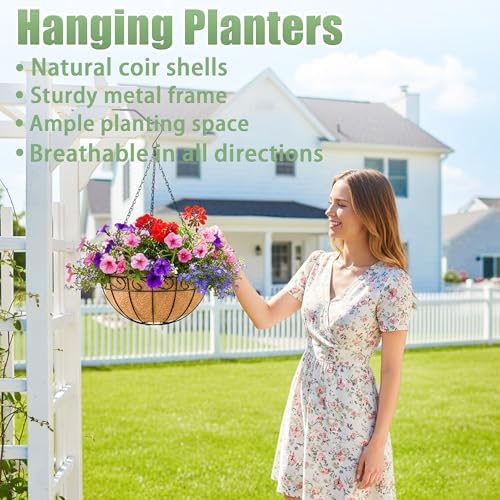 4 Pack 12 Inch Hanging Baskets for Plants Outdoor Metal Hanging Planters Round Hanging Flower Pots with Coco Coir Liner Plant Holder for Outdoor Patio Garden Balcony Decor - Flower Border - Image 2