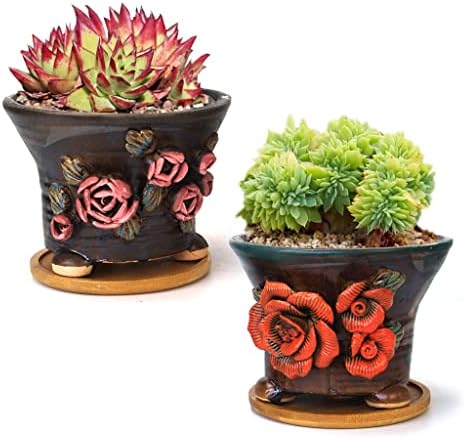 5.5 Inch Succulent Pot Handmade Flower Design Round Ceramic Antique Plant Pot Cactus Pot Planter with Drainge and Saucer Set of 2 by SUMMERIMPRESSIONS