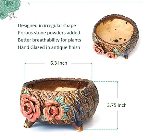 6.3 Inch Succulent Pot Handmade Flower Design Round Ceramic Antique Plant Pot Cactus Pot Planter with Drainge and Mesh Pad (Orange) - Image 7