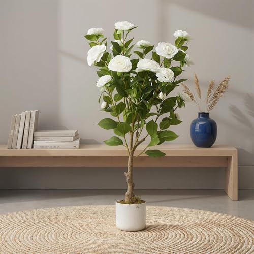 Artificial Camellia Trees, 3FT Faux Camellia Plant in Pot with Flowers - Image 6