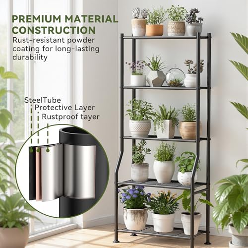 Livilord 5-Tier Plant Stand Indoor Outdoor, 64" Tall Metal Ladder Shelf for Multiple Flower Pot Holder, Waterproof Corner Garden Rack for Balcony Living Room, Black - Image 3