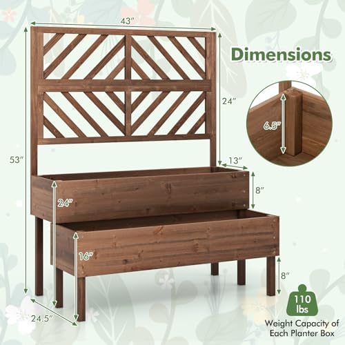 Raised Garden Bed with Trellis & 2 Planter Boxes, 2-Tier Outdoor Wooden Elevated Planter Box with Legs & Drainage Holes, Gardening Planters for Flowers, Herbs, Vegetables & Fruits(Brown) - Image 7
