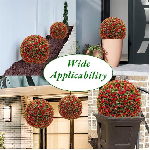 17.7 Inch Artificial Hanging Topiary Balls Set of 2, Faux Flower Balls for Garden Patio Wedding Valentine's Day Decor, Outdoor Indoor Hanging Decorations for Porch Front Door Party,Red - Image 7