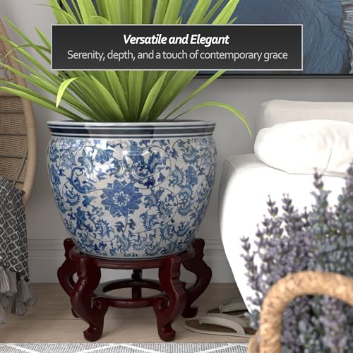 Red Lantern Large 20" Porcelain Fishbowl Blue & White Floral Planter or Cachepot for Indoor/Outdoor Use in Garden Entryway Living Room Boho Eclectic Modern Contemporary Classic Traditional Style Decor - Image 3