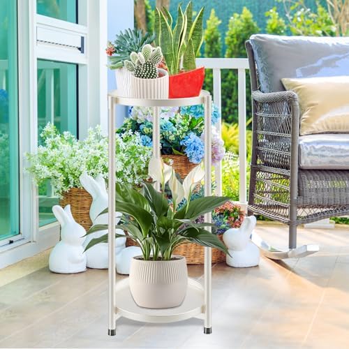 2 Tier Plant Stand Indoor Tall, White Corner Tiered Round Plant Stand for Indoor Multiple Plants, Metal Flower Pot Stands Outdoor Holders Plant Shelf Display Rack for Balcony Living Room - Image 4