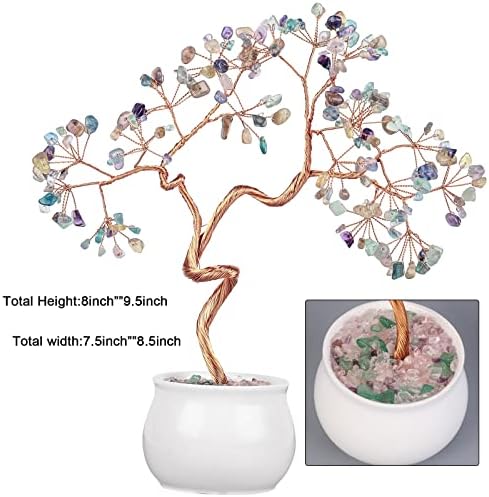Amogeeli Healing Fluorite Crystal Copper Money Tree with Ceramic Pot, Handmade Stone Bonsai Luck Tree for Fengshui Home Desk Decor - Image 2