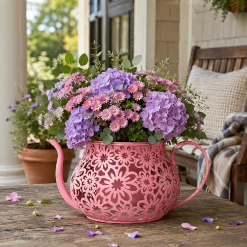 Pink Metal Teacup Planter with Drainage Hole 12 Inch Vintage Teapot Flower Pot with Floral Cut-Out & Handle for Outdoor Garden Patio Balcony Porch Indoor Home Decor - Image 7