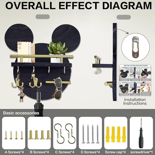 AIRPOP Key Holder for Wall–Mouse Wooden Mail Organizer Wall Mount with Shelf and 6 Hooks, Easy Installation Key Rack Hanger for Entryway Living Room Home Decor (Black) - Image 4
