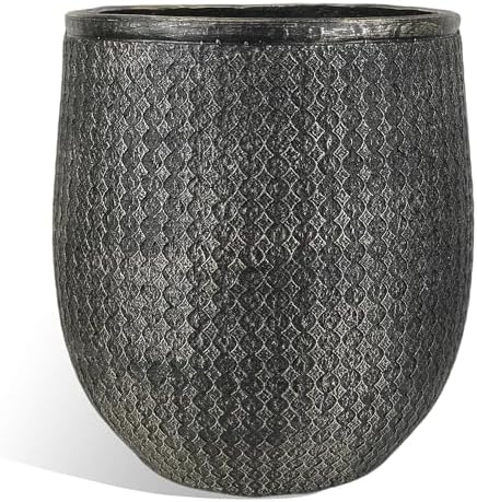 Worth 14.5" Round Planter, Lightweight Magnesium Oxide Cement Plant Pot, Raised Pattern Concrete Look with Drainage Hole for Indoor/Outdoor Use, Black by WORTH