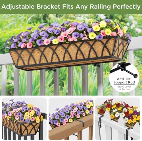HFHOME 2 Pcs 30" Deck Railing Planter Box with Horse Trough Coco Liners, Black Window Box Metal Hanging Flower Planters Baskets for Indoor, Outdoor, Balcony, Porch, Fence, Patio, and Lawn - Image 4