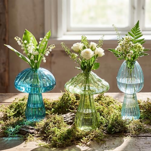 7 Pcs Glass Mushroom Vase Propagation Station with Hydroponic Plant and Artificial Fake Moss 6 Colored Plant Vase Table Centerpiece Decor for Forest Birthday Wedding Party Decoration (Green) - Image 3