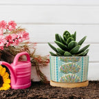 Chinoiserie French Cairo Planters Ceramic Green and Blue Peacock Feathers Round Flower Pots with Drainage Holes and Bamboo Tray Pot for Succulents Cactus Garden Windowsill - Image 5