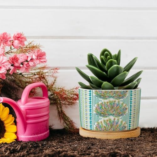 Chinoiserie French Cairo Planters Ceramic Green and Blue Peacock Feathers Round Flower Pots with Drainage Holes and Bamboo Tray Pot for Succulents Cactus Garden Windowsill - Image 5