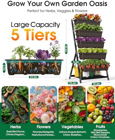 5-Tier Vertical Garden Bed Planter Boxes with Drainage System & Storage Space, Freestanding Vertical Garden Planter with 5 S-Hooks for Plants Vegetables Flowers Herbs in Garden Patio Yard - Image 2