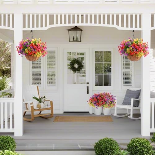 Hananona 2 Set Artificial Outdoor Flowers with Hanging Basket, 2 Hanging Planters with 24 Pcs Flowers for Spring Summer Front Porch Garden Patio Home Decor (2, Red, Purple, Yellow, Rose Red) - Image 3