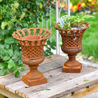 Sungmor Cast Iron Rust Urn Planter - 10 Inches Hollow Trophy-Shaped Design - Image 2