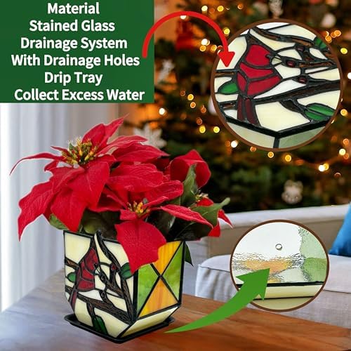 Stained Glass Cardinal Bird Indoor Planter Pot, Decorative Flower Pot with Drainage,Planter Pots for Indoor Plants,Christmas Cardinals Decorations,Cardinal Gifts - Image 2