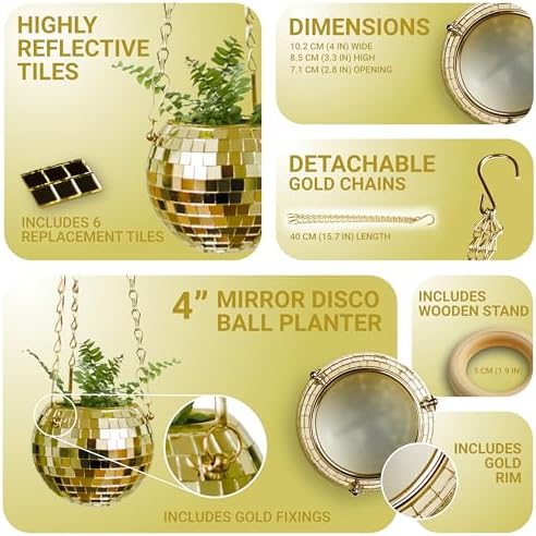 Bubblegum Stuff Gold Disco Ball Hanging Planter - Indoor Herb & Plant Hanger, Boho Decor - 4 inch - Image 3