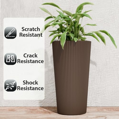 24" Tall Planters for Outdoor Plants,Large Outdoor Planters for Front Porch Decor with Drainage Hole, Flower Pots Fits Indoor Plants Patio/Garden, Plastic Striped Brown(2 Pack) - Image 4