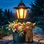 Highland Cow Outdoor Statue with Solar Lights and Flower Pot by Unknown